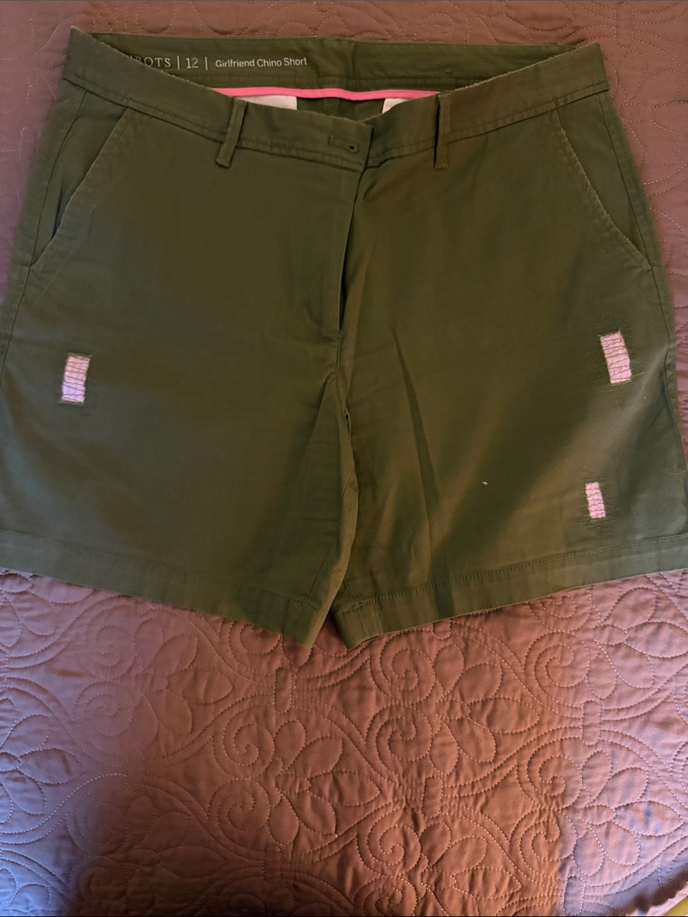 Talbots Olive Girlfriend Chino Shorts with Subtle Distressing